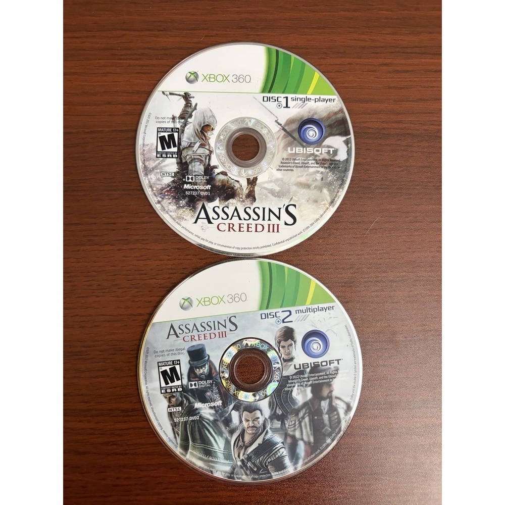 Assassin's Creed III (Microsoft Xbox 360, 2012) Video Game Disc 1 & 2 DISCS ONLY